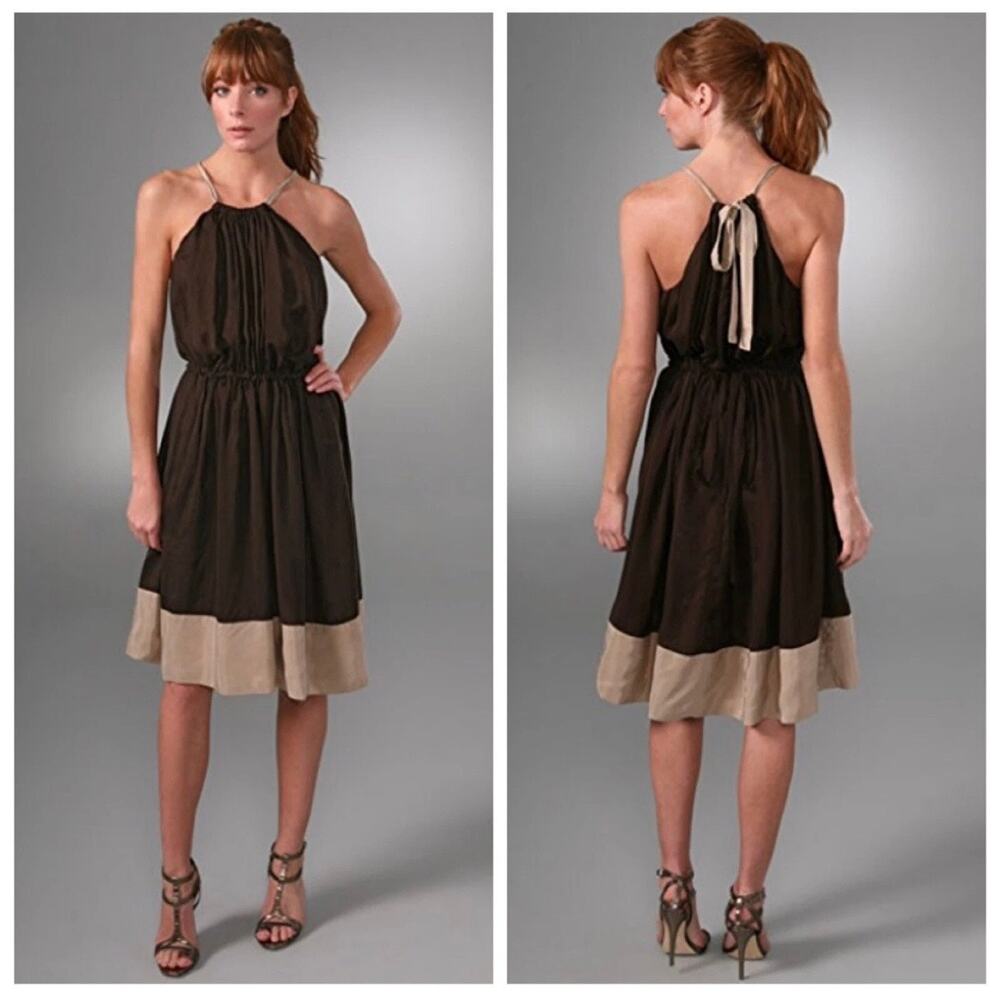 Robert Rodriguez Black Beige Silk Sleeveless Halter Cocktail Dress Size 8